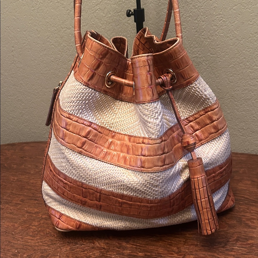 Brahmin Tan Croc-Embossed Leather & Cream Woven Drawstring Shoulder Bag